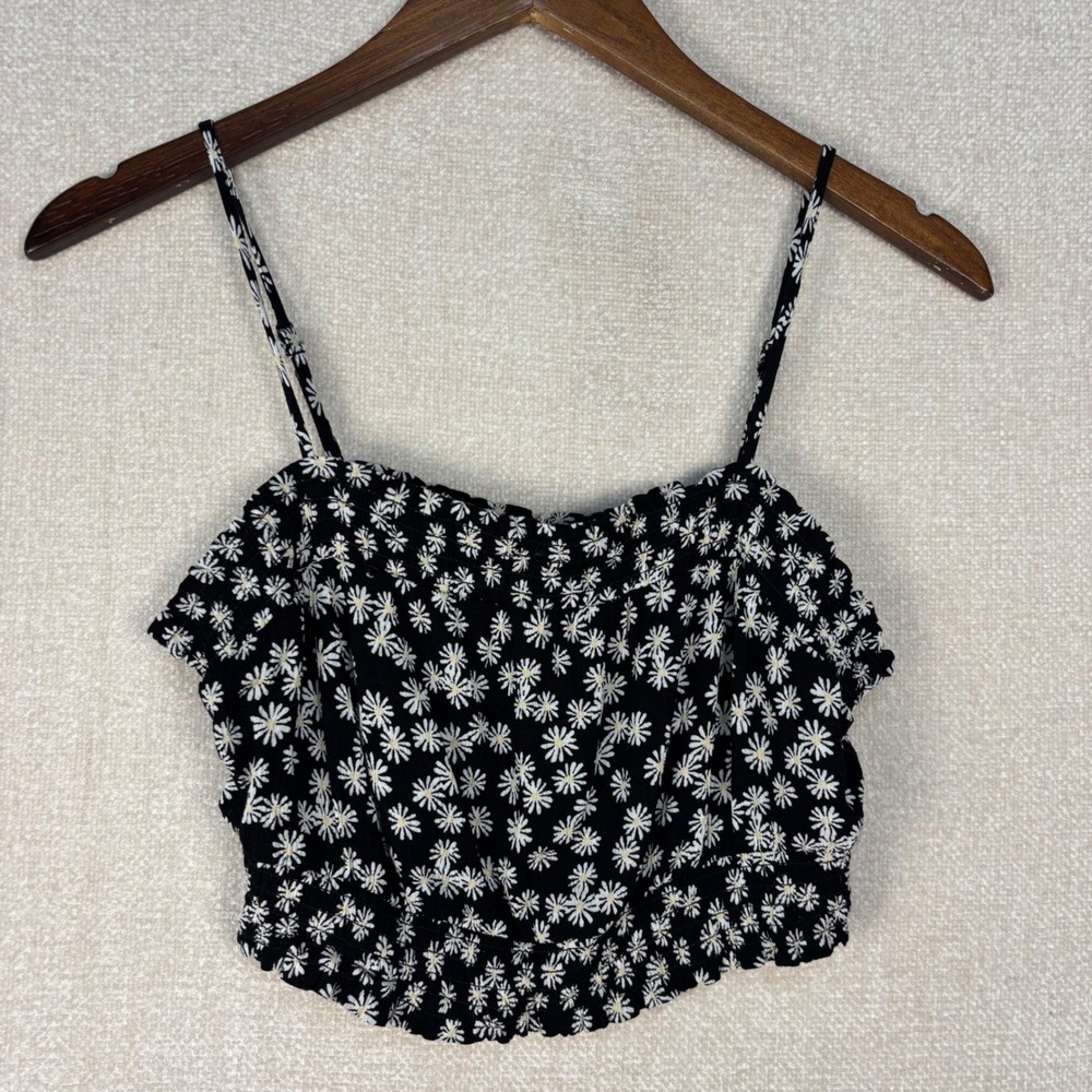 Hippie Rose Black White Daisy Floral Smocked Crop Cami Top XS Junior 4Medium